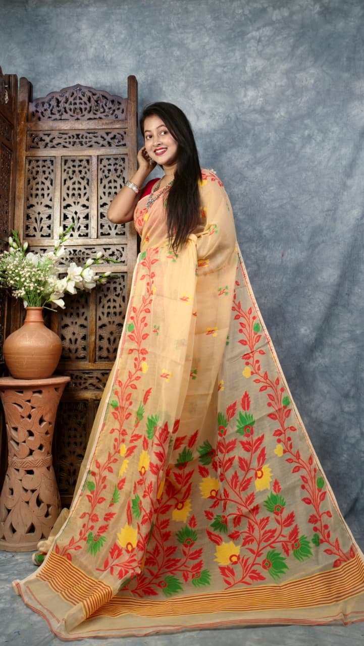 Pastel Orange Soft Bonolota Jamdani Sari