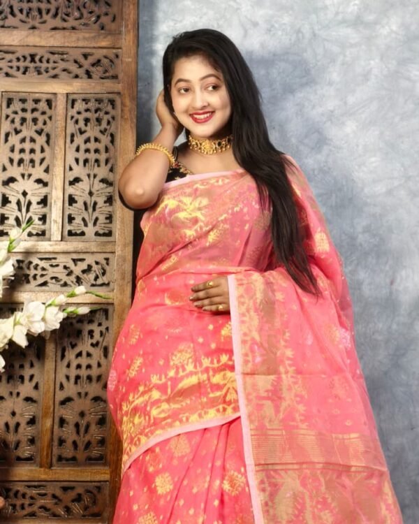 Pastel Red Soft Joriwork Jamdani Saree