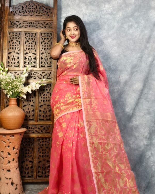 Pastel Red Soft Joriwork Jamdani Saree