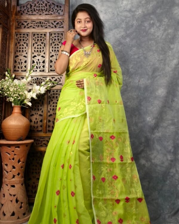 Pea Green Soft Buti Korat Jamdani Sari With Blouse Piece