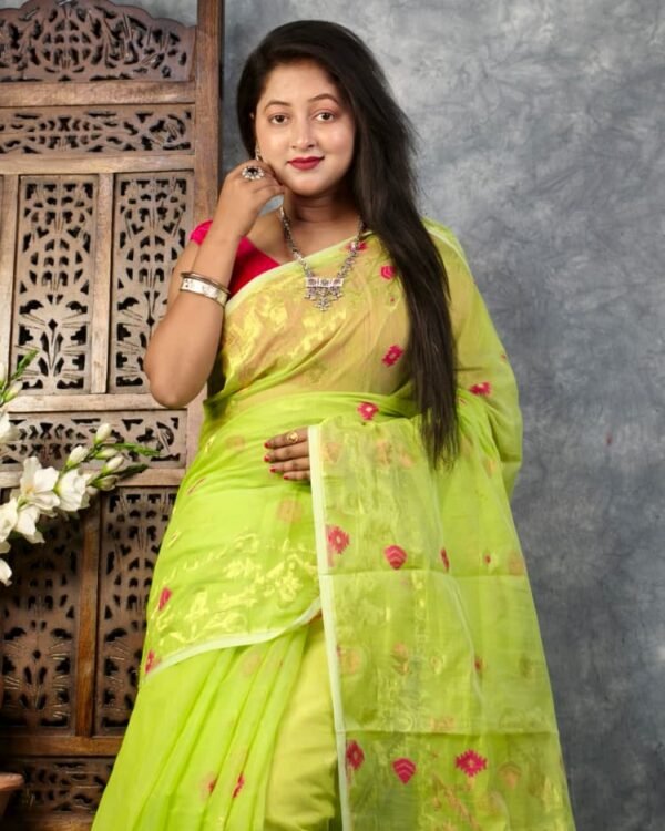 Pea Green Soft Buti Korat Jamdani Sari With Blouse Piece