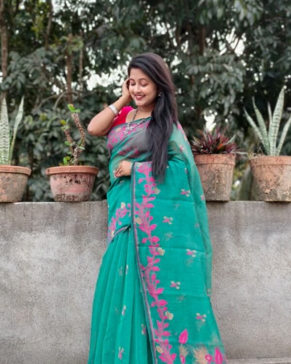 Persian Green Soft Bonolota Jamdani Sari