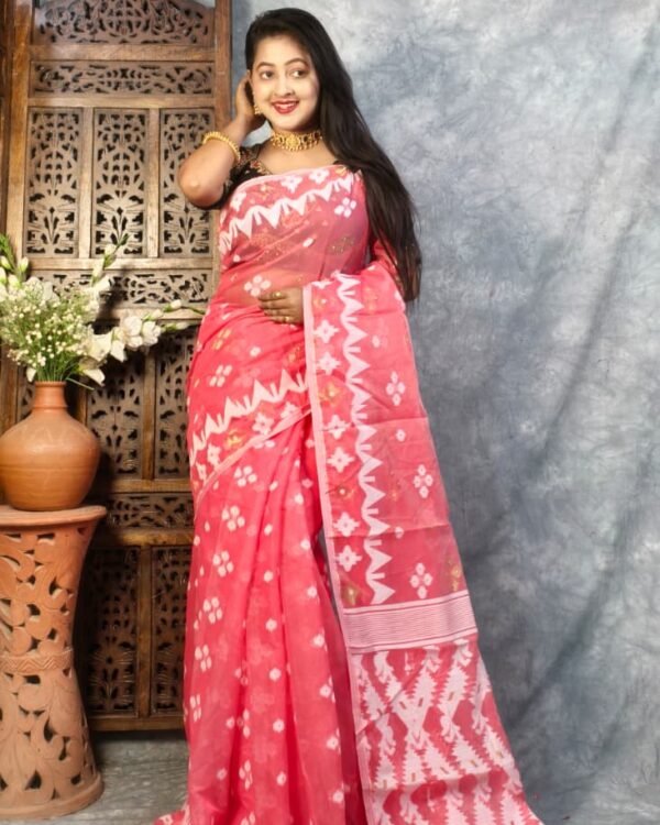 Pinkish Red Soft Buti Jamdani Sari With Blouse Piece