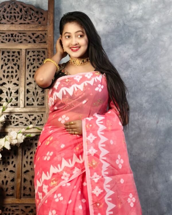 Pinkish Red Soft Buti Jamdani Sari With Blouse Piece