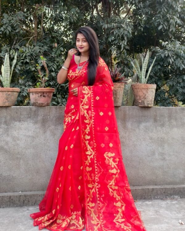 Pinkish Red Soft Buti Korat Jamdani Sari With Blouse Piece