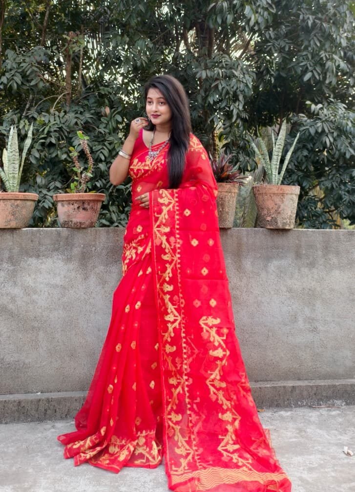 Pinkish Red Soft Buti Korat Jamdani Sari With Blouse Piece