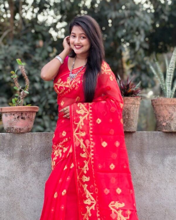 Pinkish Red Soft Buti Korat Jamdani Sari With Blouse Piece