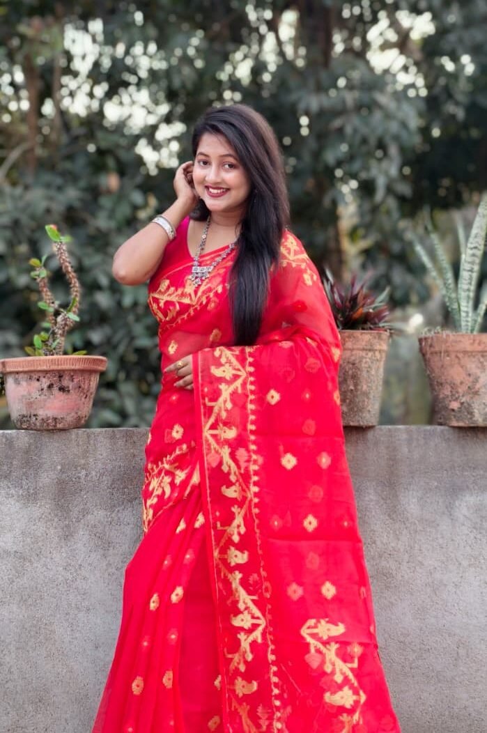 Pinkish Red Soft Buti Korat Jamdani Sari With Blouse Piece