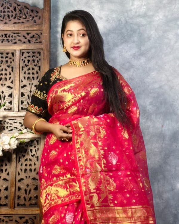 Pinkish Red Soft Joriwork Jamdani Saree