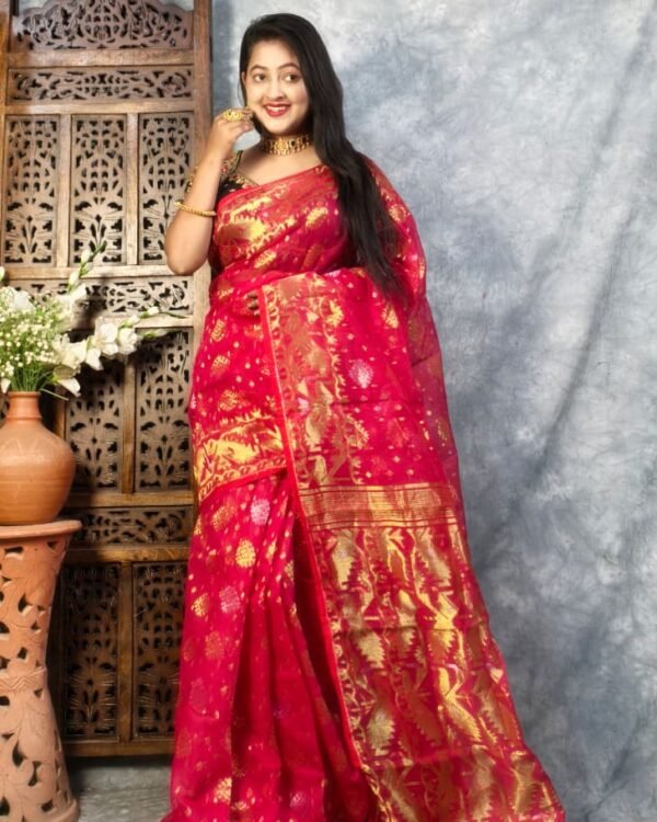 Pinkish Red Soft Joriwork Jamdani Saree