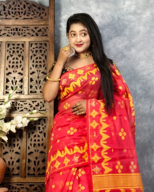 Red Soft Buti Jamdani Sari With Blouse Piece