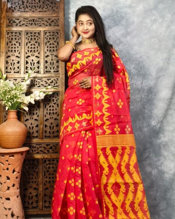 Red Soft Buti Jamdani Sari With Blouse Piece