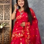 Red Soft Buti Korat Jamdani Sari With Blouse Piece