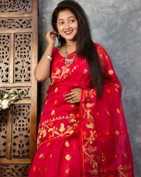 Red Soft Buti Korat Jamdani Sari With Blouse Piece