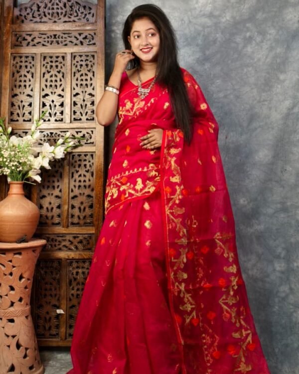 Red Soft Buti Korat Jamdani Sari With Blouse Piece