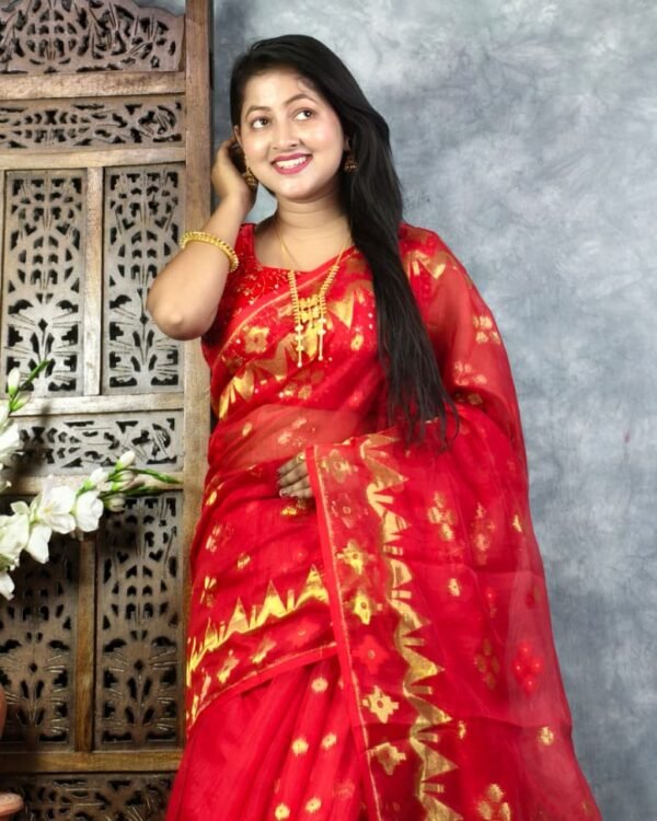 Red Soft Jori Buti Dhakai Jamdani Sari