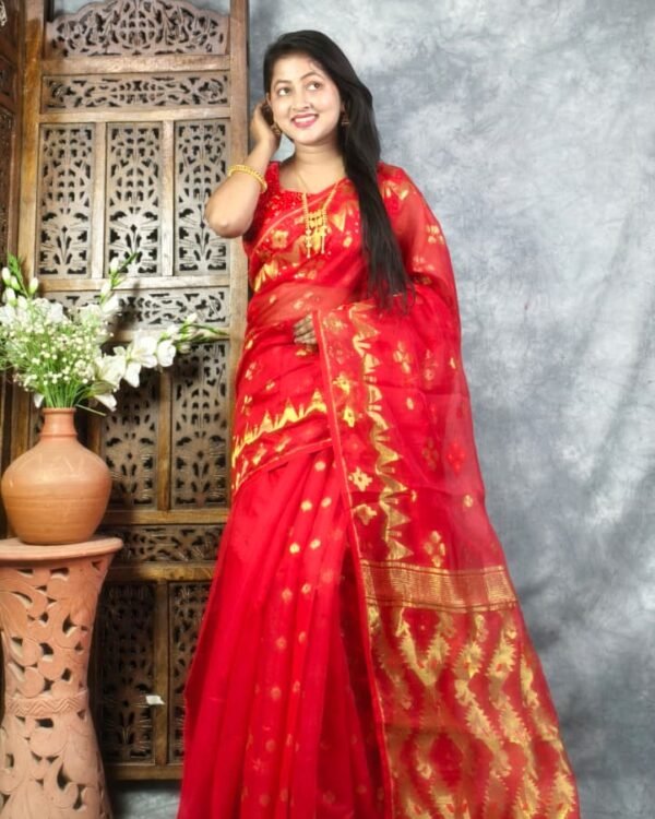 Red Soft Jori Buti Dhakai Jamdani Sari
