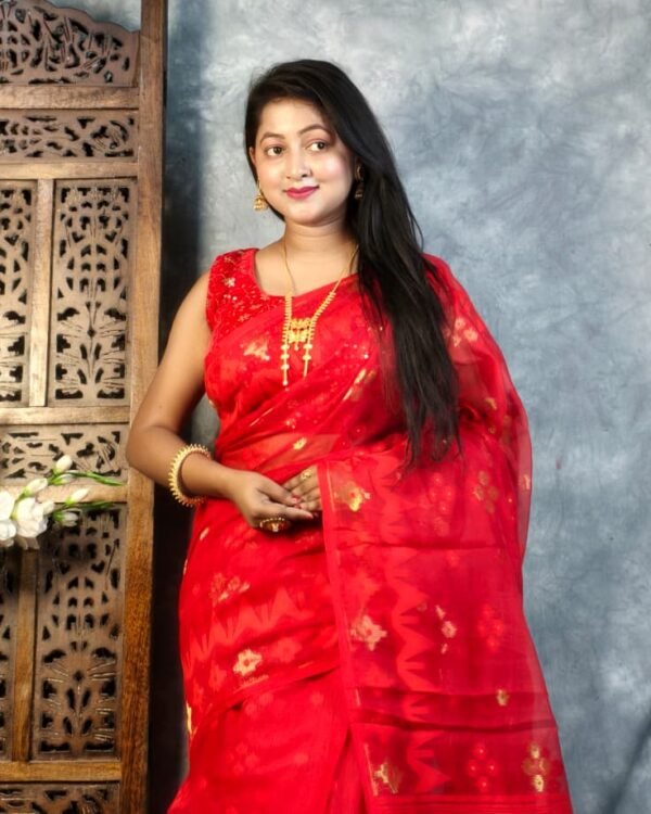 Red Soft Korat Buti Jamdani Saree