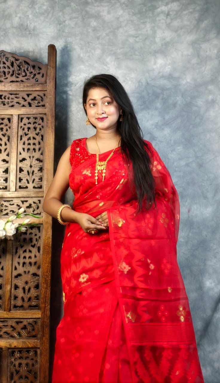 Red Soft Korat Buti Jamdani Saree