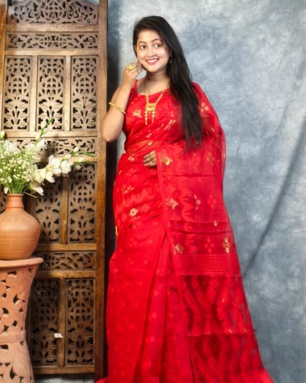 Red Soft Korat Buti Jamdani Saree