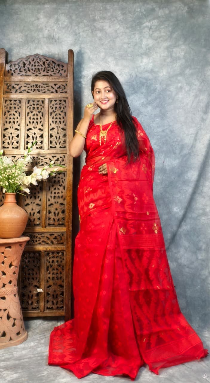 Red Soft Korat Buti Jamdani Saree