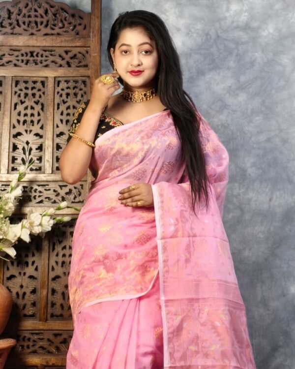 Rose Pink Soft Joriwork Jamdani Saree