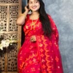 Rose Red Soft Korat Buti Jamdani Saree