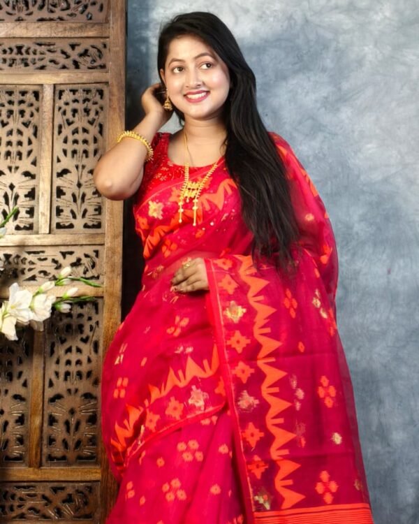 Rose Red Soft Korat Buti Jamdani Saree