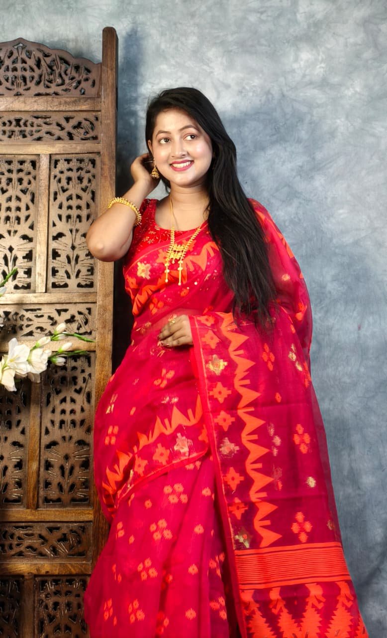 Rose Red Soft Korat Buti Jamdani Saree