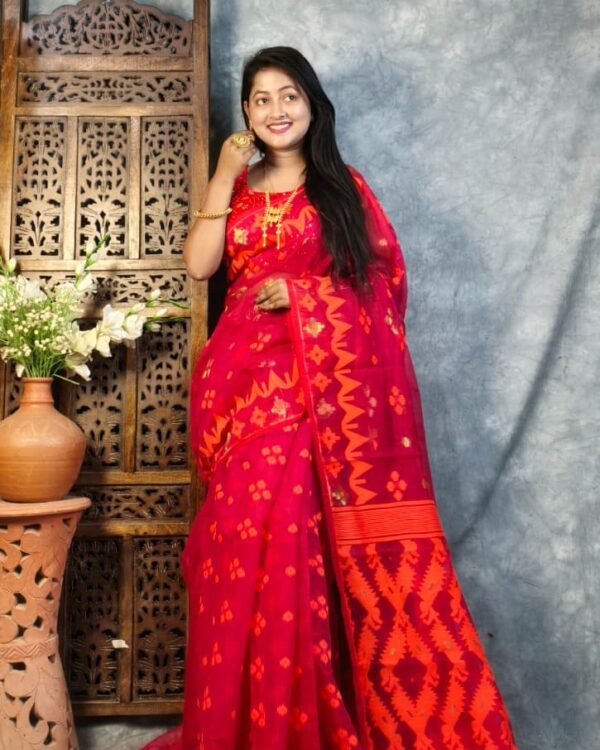 Rose Red Soft Korat Buti Jamdani Saree