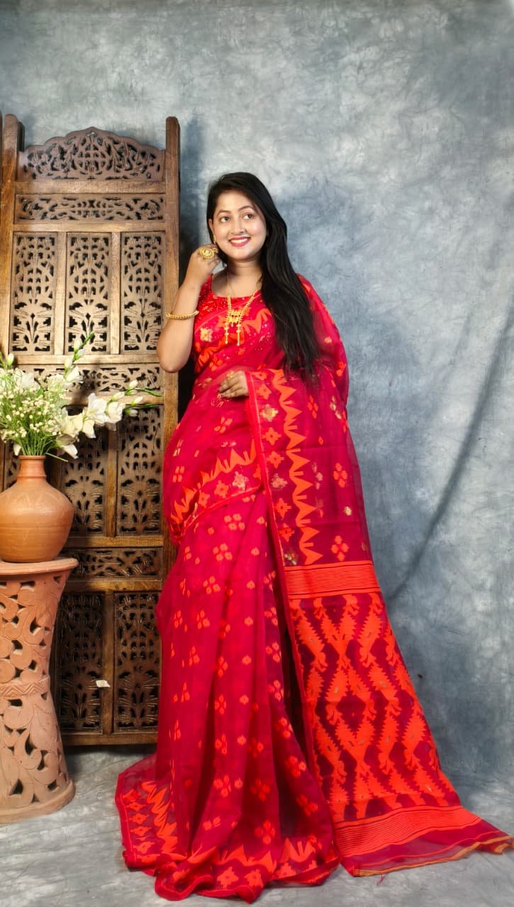 Rose Red Soft Korat Buti Jamdani Saree
