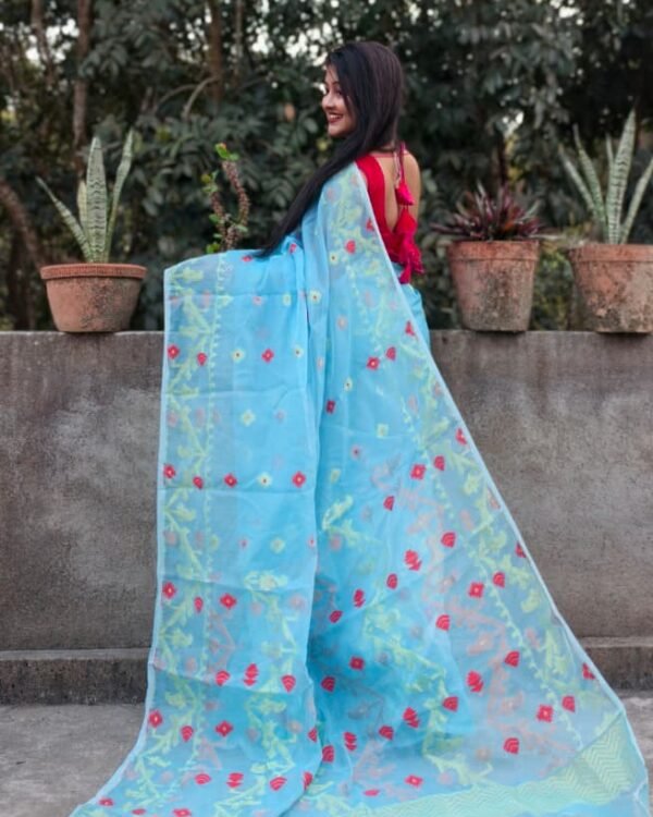 Sky Blue Soft Buti Korat Jamdani Sari With Blouse Piece