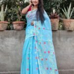 Sky Blue Soft Buti Korat Jamdani Sari With Blouse Piece