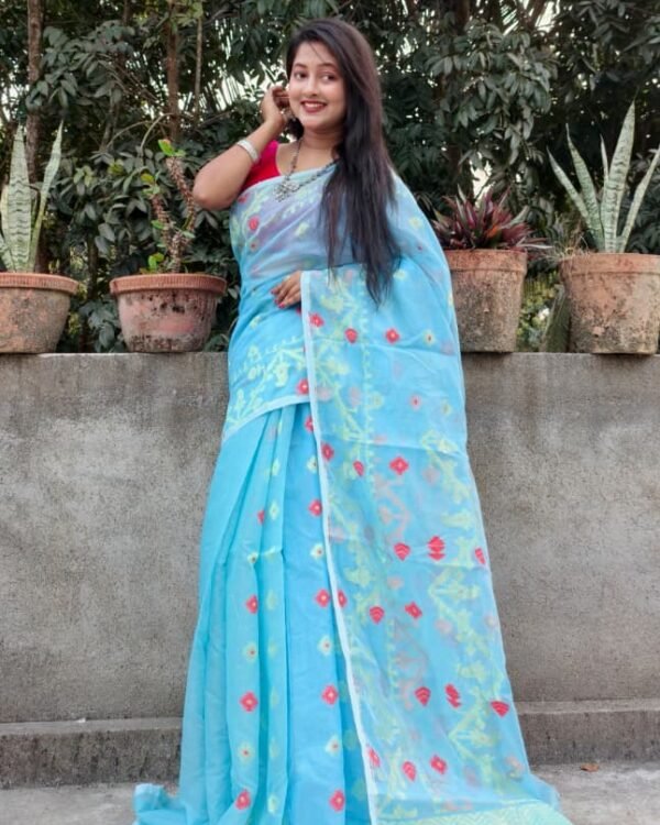 Sky Blue Soft Buti Korat Jamdani Sari With Blouse Piece
