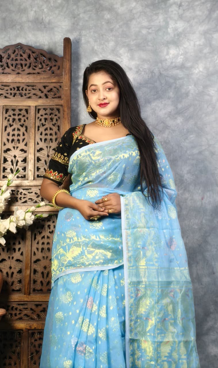 Sky Blue Soft Joriwork Jamdani Saree