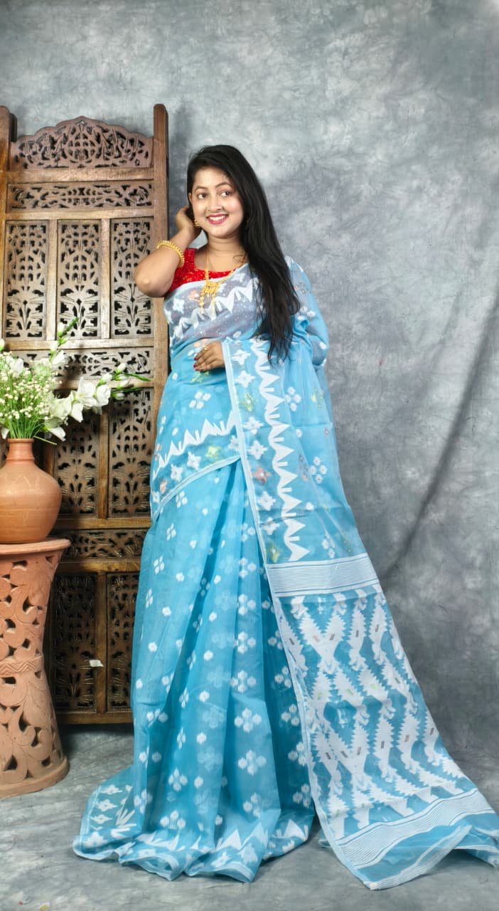 Sky Blue Soft Korat Buti Jamdani Saree