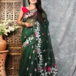 Timber Green Soft Bonolota Jamdani Sari