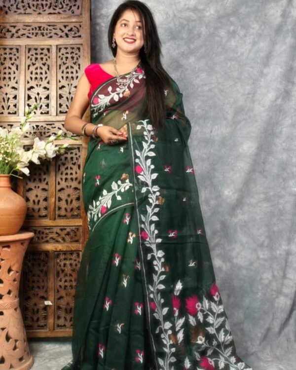 Timber Green Soft Bonolota Jamdani Sari