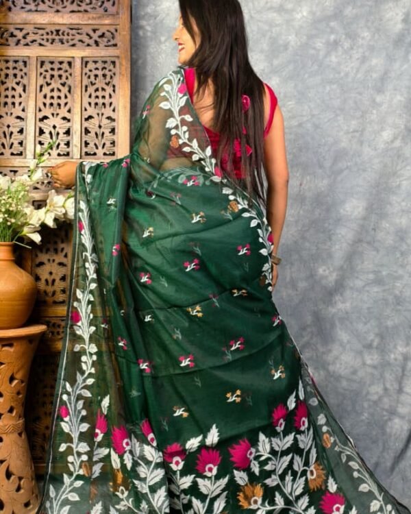 Timber Green Soft Bonolota Jamdani Sari