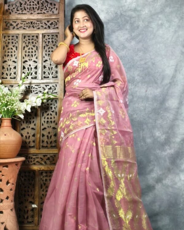 Turkish Rose Soft Jori Buti Dhakai Jamdani Sari