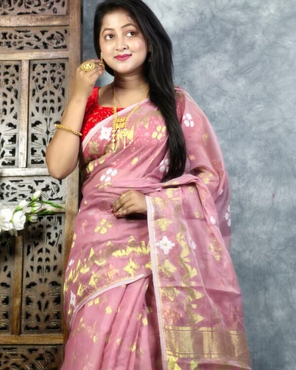 Turkish Rose Soft Jori Buti Dhakai Jamdani Sari