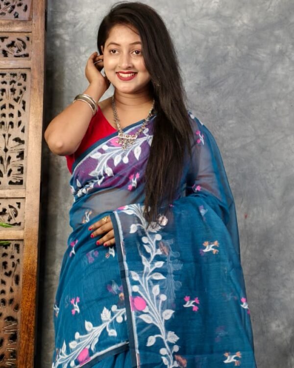 Venice Blue Soft Bonolota Jamdani Sari