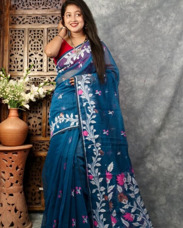 Venice Blue Soft Bonolota Jamdani Sari