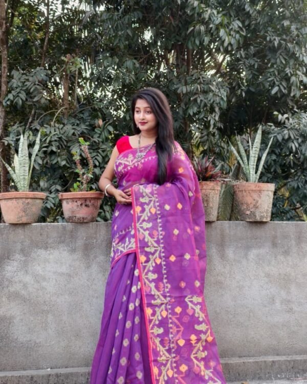 Warm Purple Soft Buti Korat Jamdani Sari With Blouse Piece