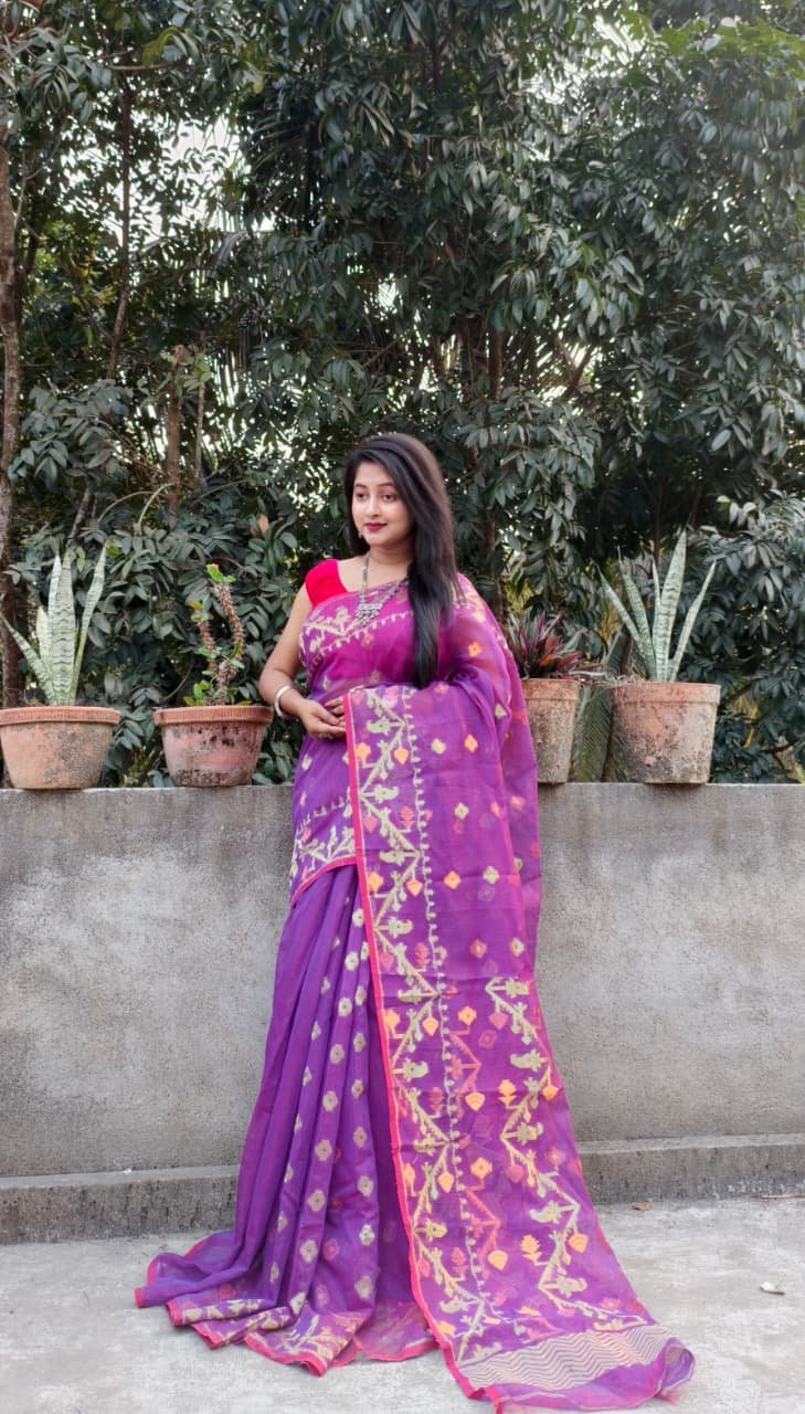 Warm Purple Soft Buti Korat Jamdani Sari With Blouse Piece