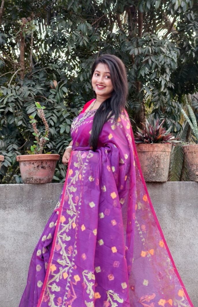 Warm Purple Soft Buti Korat Jamdani Sari With Blouse Piece