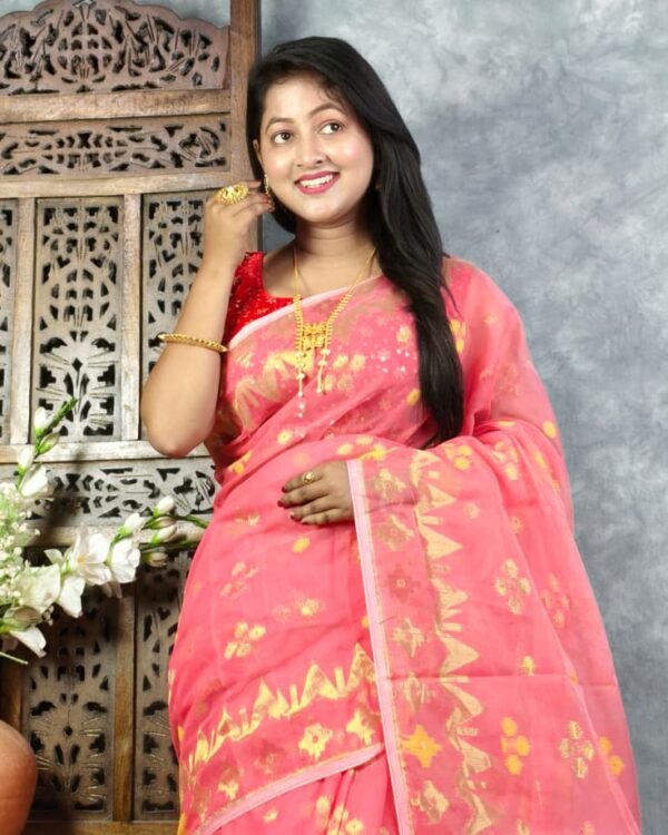 Watermelon Pink Soft Jori Buti Dhakai Jamdani Sari