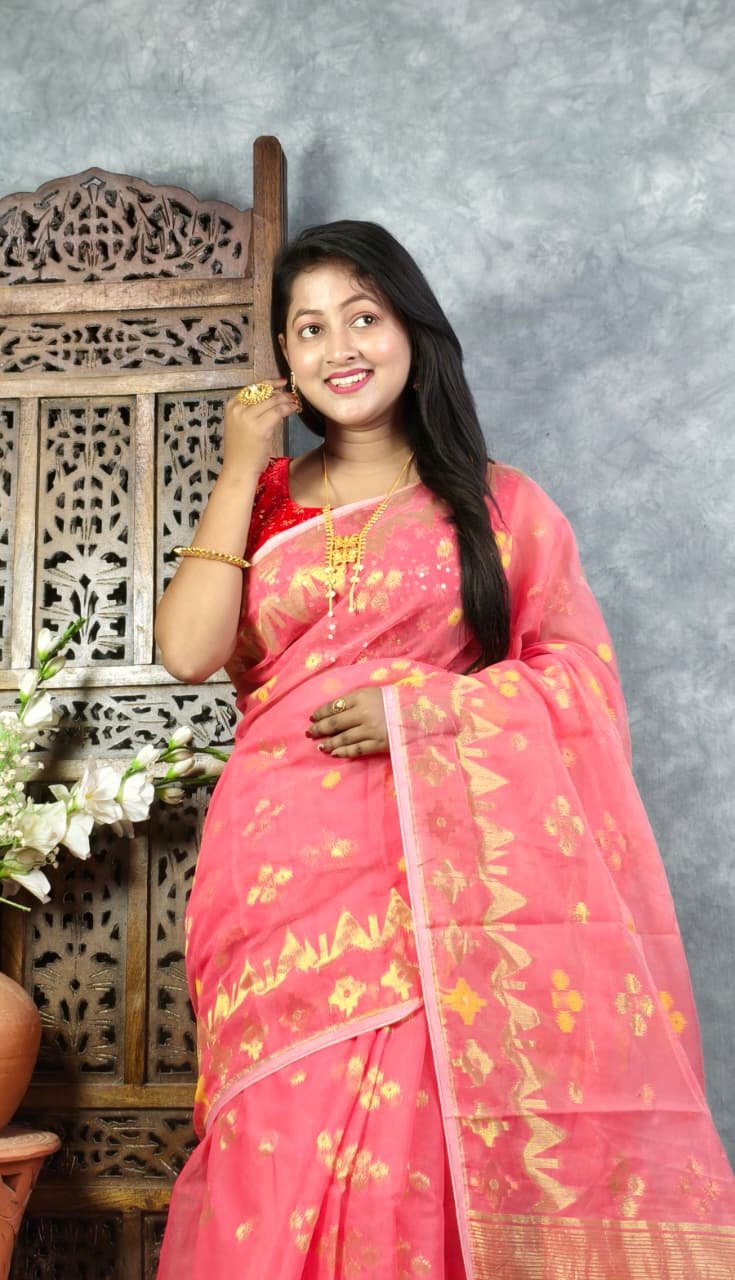 Watermelon Pink Soft Jori Buti Dhakai Jamdani Sari
