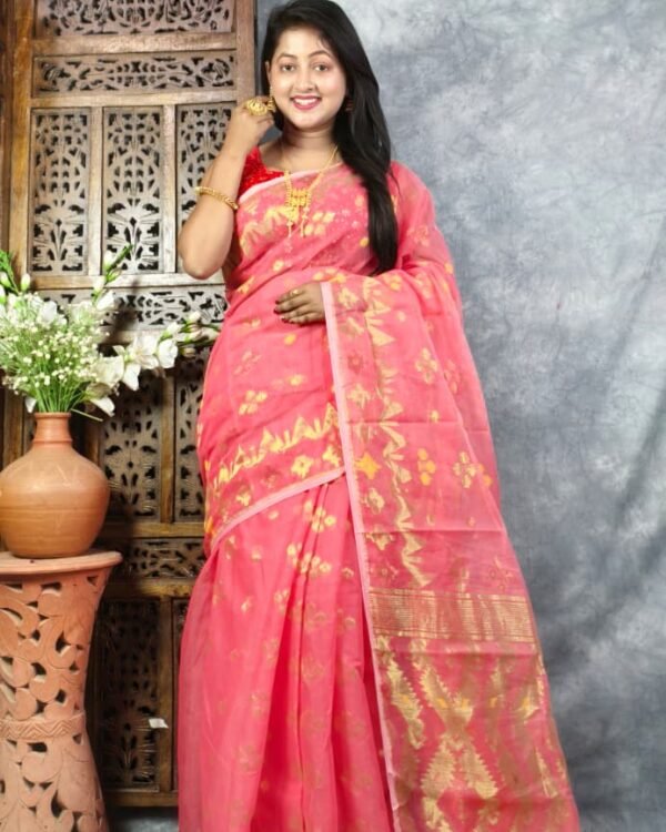 Watermelon Pink Soft Jori Buti Dhakai Jamdani Sari