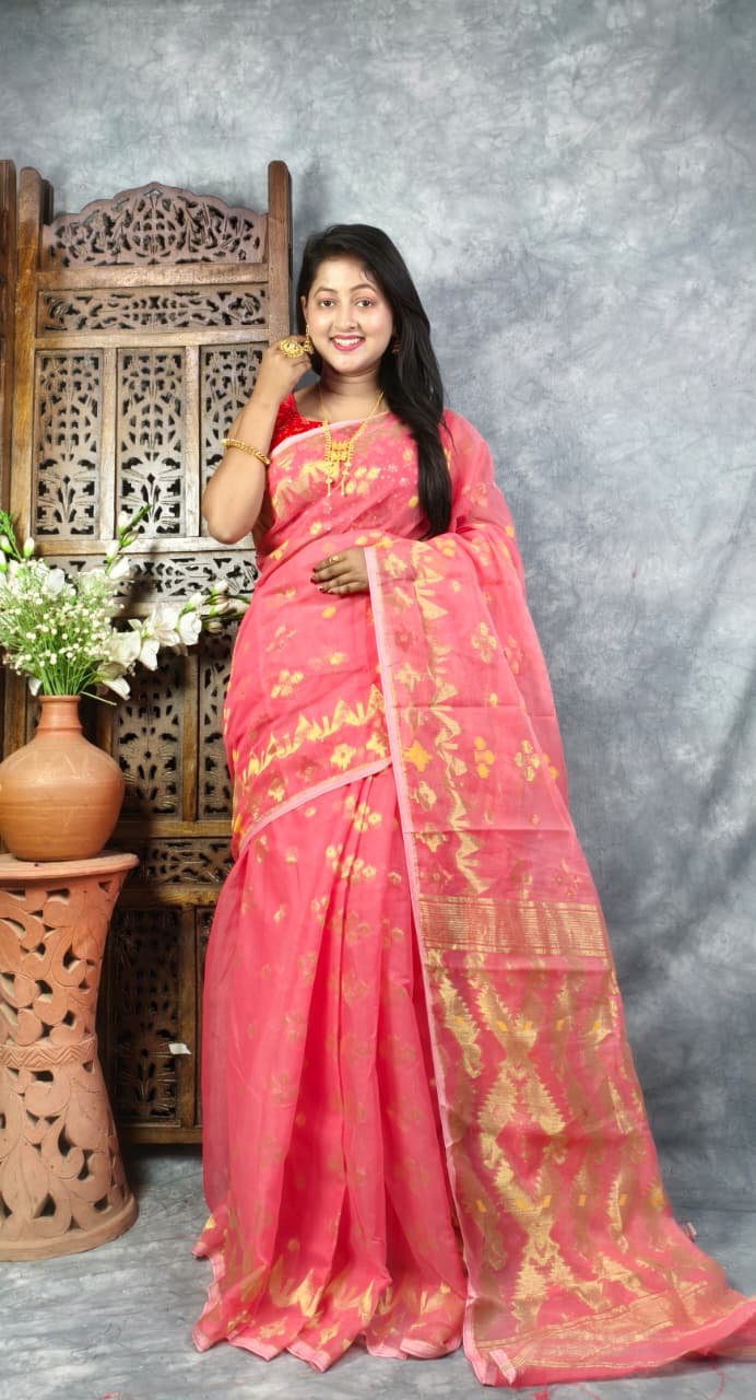 Watermelon Pink Soft Jori Buti Dhakai Jamdani Sari